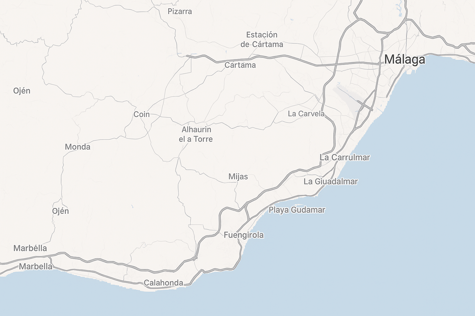 Mapa de la Costa del Sol: Marbella, Mijas, Fuengirola, Benalmádena, Torremolinos y Málaga